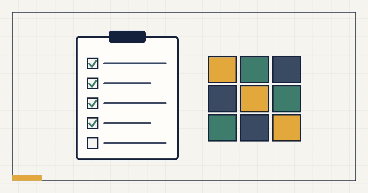 Abstrakte Grafik: Klemmbrett mit abgehakter Zählliste neben gestapelten Lagerkisten